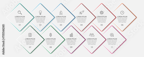 infographic business design 11 parts or steps, there are icons, text and numbers, square designs and thin colored lines that are interconnected for your diagram, banner and business workflow