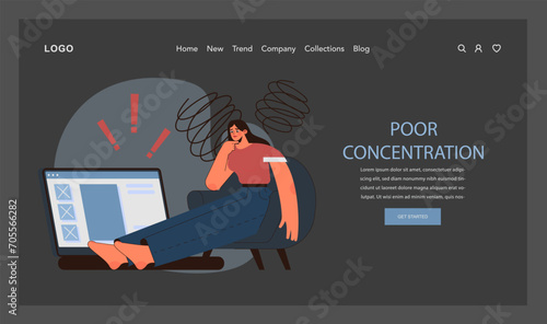 Post traumatic stress disorder web banner or landing page dark or night mode. Woman suffering from mental disorder, dealing with despair, fear and pain. Flat vector illustration