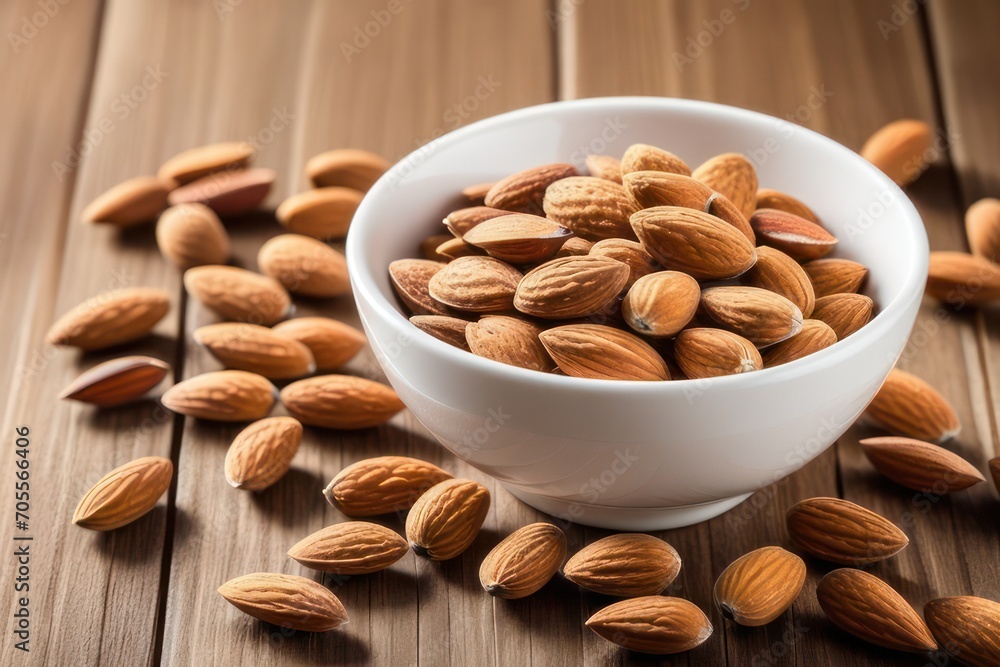Almonds in ceramic bowl on wooden background. Almonds in ceramic bowl on wooden background.