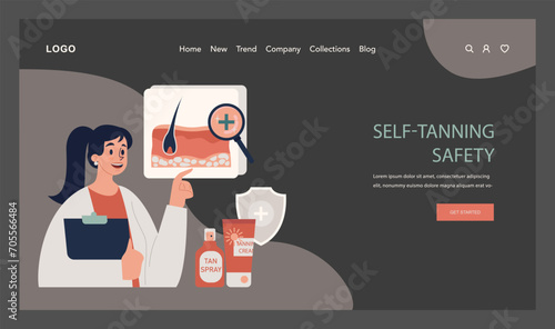 Self-tan web banner or landing page dark or night mode. Beautiful woman applying self-tanner bronzing lotion. Artificial tan cream. Sunburn protection and skin care. Flat vector illustration
