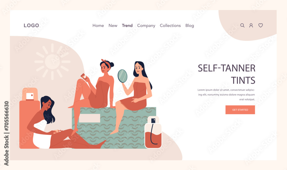 Self-tan web banner or landing page. Beautiful woman applying self-tanner bronzing lotion. Artificial tan cream. Sunburn protection and skin care procedure. Flat vector illustration