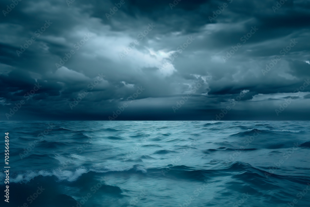 Fototapeta premium Generative Ai image of a horror black blue sky, sea haunted cloud, scary ocean, depression background, mystery gloomy dark theme, blur texture.