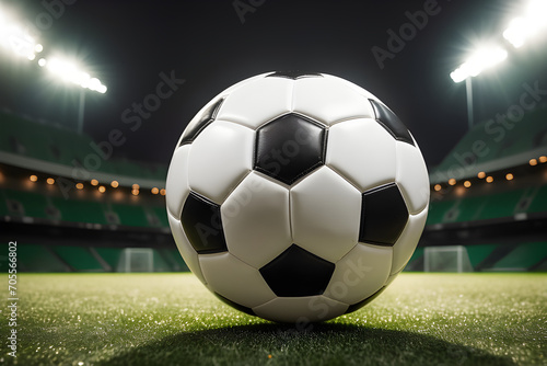 soccer ball in a stadium with lights a classic black and white soccer ball on green grass © Beyond Pixels
