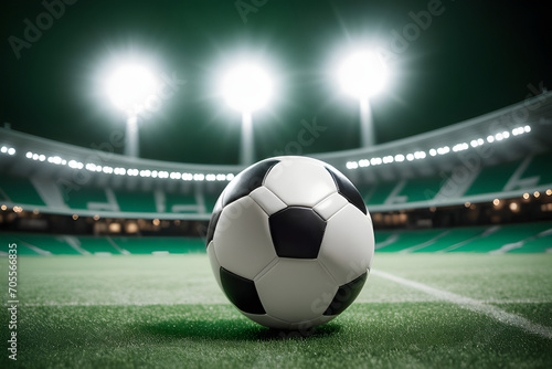 soccer ball in a stadium with lights a classic black and white soccer ball on green grass