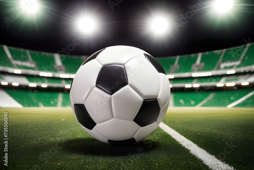 soccer ball in a stadium with lights a classic black and white soccer ball on green grass © Beyond Pixels