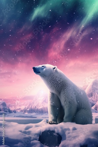 White bear stand on a glacier with Northern Lights, Aurora Borealis. Polar night with stars and dark sky. Wildlife scene from nature. Change climate or global warming concept © ratatosk