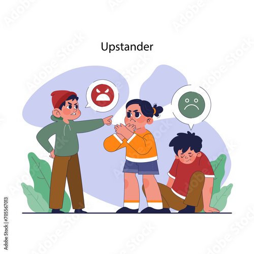 School bullying. Friend defending a crying harassment and humiliation victim. Friends empathy and support. Social violence problem. School verbal or physical abuse. Flat vector illustration