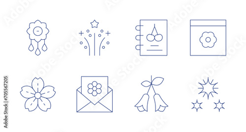 Spring icons. Editable stroke. Containing brooch, fireworks, sakura, invitation, spring notebook, flower, dandelion, calendar.