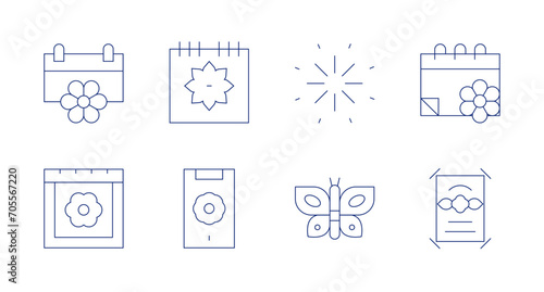 Spring icons. Editable stroke. Containing springtime, calendar, mobile phone, fireworks, butterfly, spring.