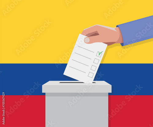 Colombia election concept. Hand puts vote bulletin