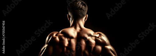 Close-up of a muscular man, back view of a bodybuilder athlete isolated on a black background with copy space. Generative Ai. photo