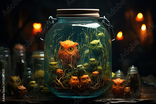 the jar contains a small creature. When the jar is opened, colored creatures appear photo