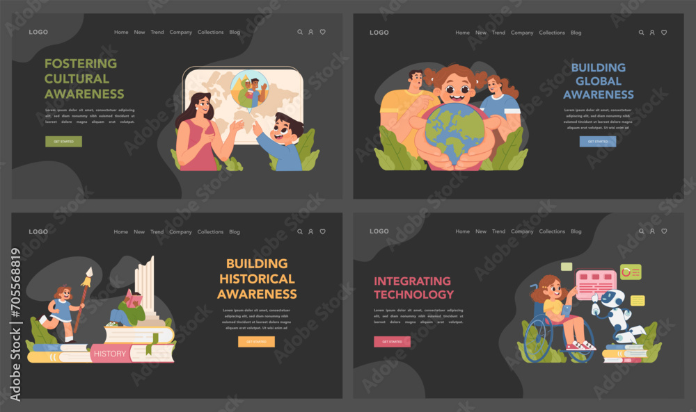 Cultural awareness set. Children embracing global and historical knowledge, enhancing their understanding and connection with the world. Parents teaching kids about cultures. Flat vector illustration