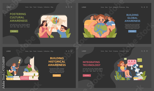 Cultural awareness set. Children embracing global and historical knowledge, enhancing their understanding and connection with the world. Parents teaching kids about cultures. Flat vector illustration