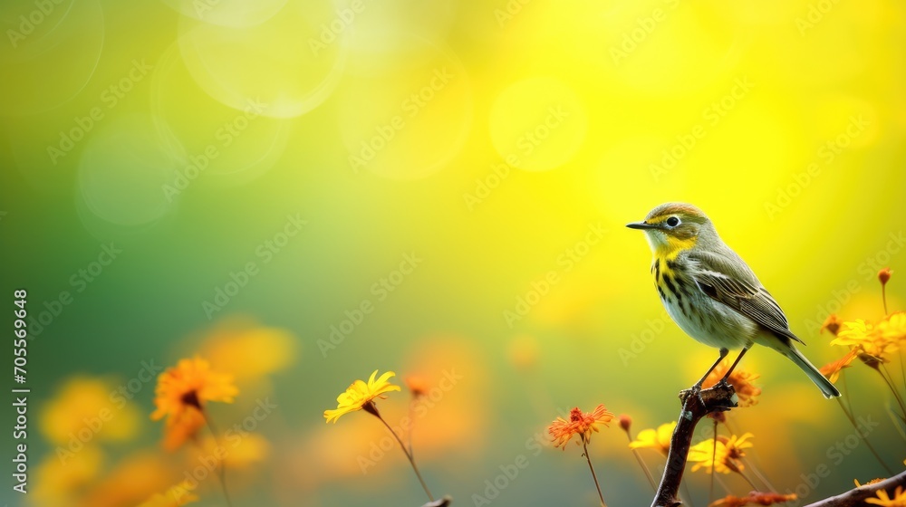 Obraz premium Little bird sit on branch with yellow flowers in spring garden. Beautiful nature. Spring and summer time concept. Background for card, banner, poster