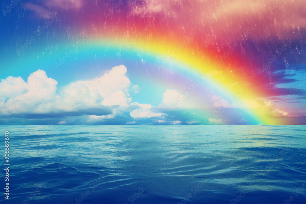 illustration of rainbow over the ocean. Created with Generative AI