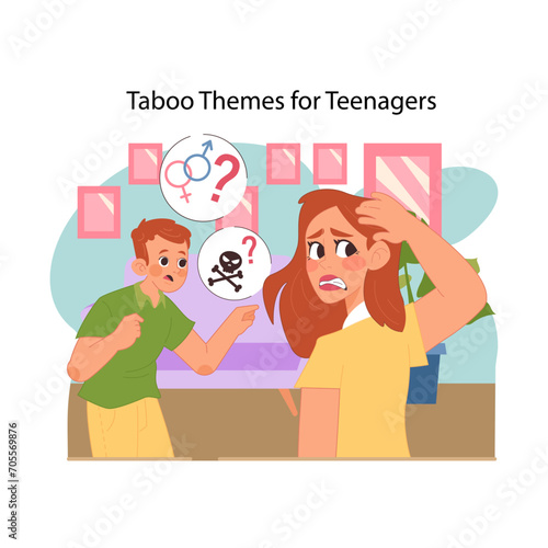 Navigating sensitive topics concept. Embarrassed mother and teenager engage in challenging conversation, addressing complex issues with care. Understanding adolescence. Flat vector illustration