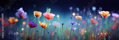Beautiful cosmos colorful flowers blooming in field. Summer flower meadow. Spring nature. Floral background, banner, card, backdrop