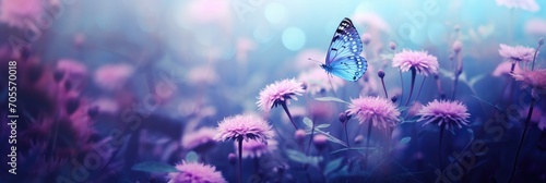 Fluttering blue butterfly and purple wildflowers on the field in sunlight. Floral spring concept for background, banner or greeting card with copy space photo