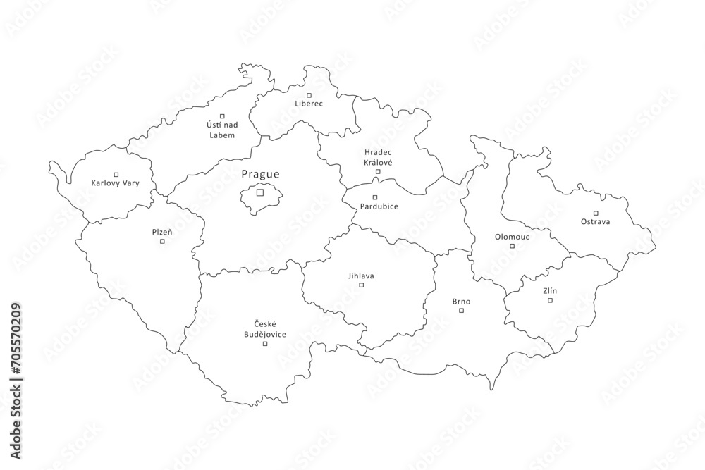 Czech Republic outline map with regions border and big cities isolated on white. Administrative division of thin black line contour. Vector for banner background design, czech events illustration.