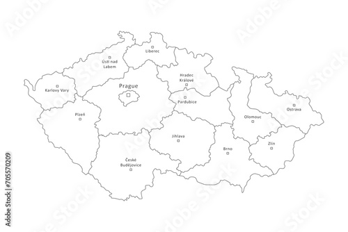 Czech Republic outline map with regions border and big cities isolated on white. Administrative division of thin black line contour. Vector for banner background design  czech events illustration.
