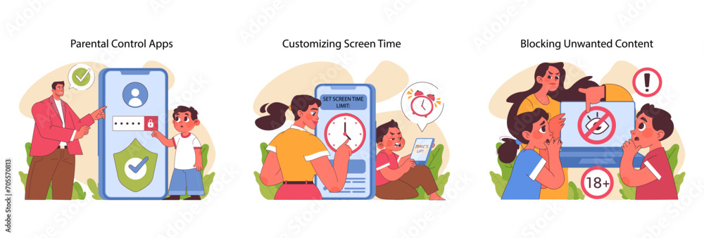 Parental control apps set. Secure child-device interaction, screen time management, and safeguarding against explicit content. Responsible modern digital parenting. Flat vector illustration