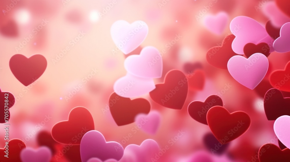 Valentine's Day hearts floating on romantic pink background. Love and celebration.