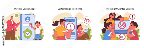Parental control apps set. Secure child-device interaction, screen time management, and safeguarding against explicit content. Responsible modern digital parenting. Flat vector illustration