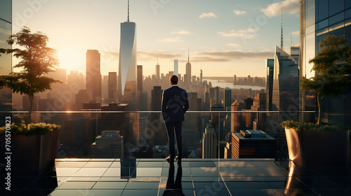 Businessman standing on the top floor of a New York commercial building admiring the city view photo