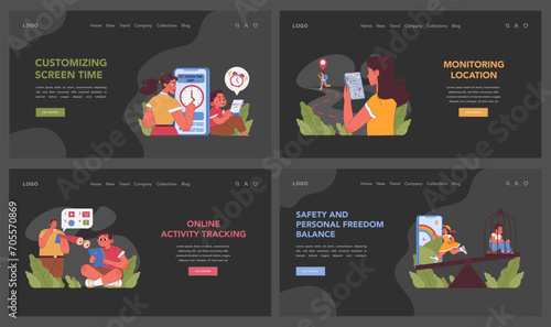 Parental control set. Managing child safety online with diverse applications. Family engaging in digital education, content filtering, and activity monitoring. Flat vector illustration