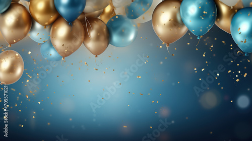 Holiday background with golden and blue metallic balloon