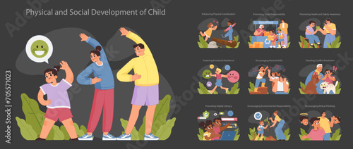 Physical and social development of child concept set. Children engaging in exercises, emotional learning, and social activities promoting comprehensive growth. Flat vector illustration