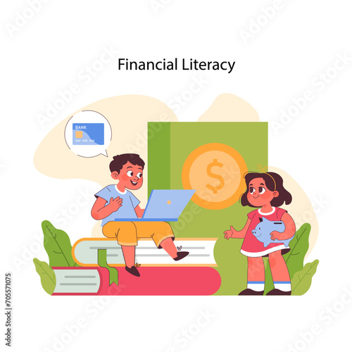 Financial literacy concept. Boy on laptop discusses banking, while girl holds piggy bank, both exploring finances. Children introduction to saving. Learning financial basics. Flat vector illustration