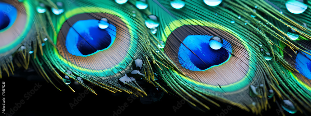 Obraz premium Nature's Iridescence: Peacock Feathers in the Rain
