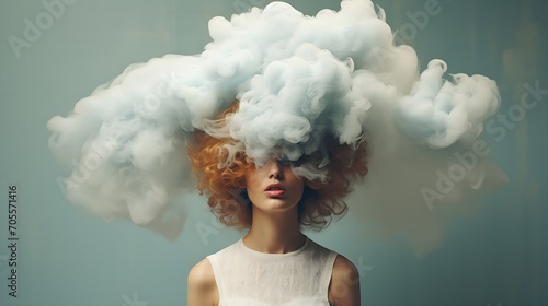 Depression, loneliness, bipolar disorder and mental health concept. Young woman with her head in cloud. Weather dependent concept. photo