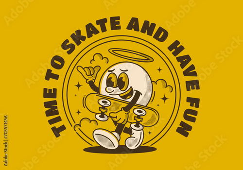 Time to skate and have fun. Walking ball head character holding a skate board