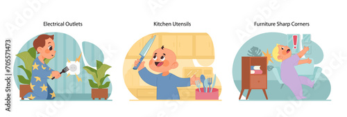 In home safety set. Children interacting with electrical outlets, kitchen utensils, and furniture edges. Emphasizing secure environment and childproofing. Preventing injuries. Flat vector illustration