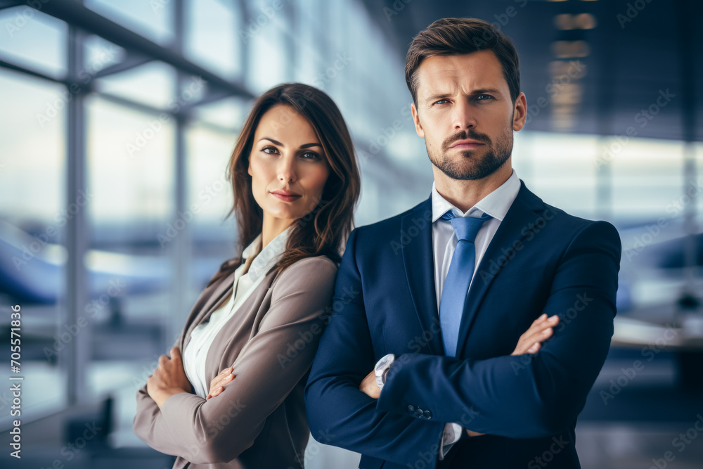 Portrait of a confident businessman and business woman in airport Portrait of a confident businessman and business woman in airport