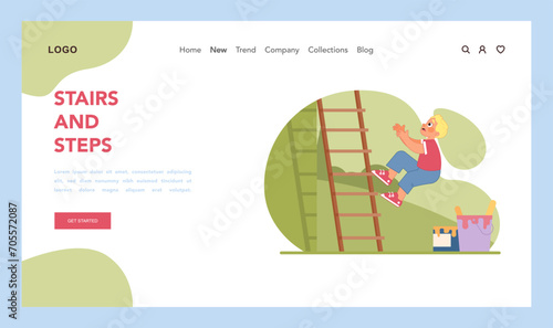 Fall safety alert. Young blonde boy losing balance on ladder and falling down. Need for stairs safety and supervision. Protecting children from injuries and accidents. Flat vector illustration