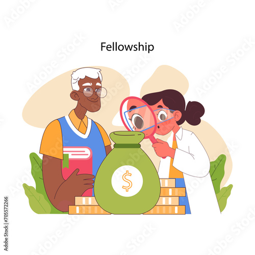 Fellowship concept. Old man and young woman examine given financial aid, highlighting academic research funding. Support for teachers and scientists projects. Flat vector illustration