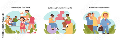 Child development set. Children and parents working on cooperative skills, effective dialogue, and self-reliance. Visual education on teamwork, communication, autonomy. Flat vector illustration