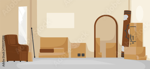 Cartoon flat interior housewarming. Various furniture, armchair, shelves and wrapped carton boxes in new house. Home relocating, apartment movement. Indoor property relocation. Vector illustration