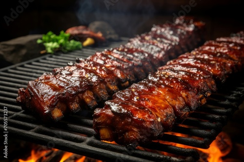 Smoky Grilled ribs bbq. Fire pork beef. Generate Ai