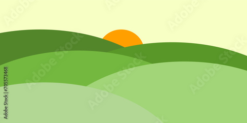 Meadow hill landscape simple with the sunrise. Vector illustration background.
