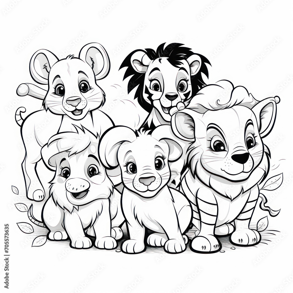 Group of cute cartoon animals. Black and white vector illustration for coloring book. Group of cute cartoon animals. Black and white vector illustration for coloring book.
