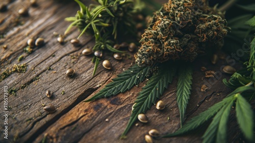 Minimalist wood-themed composition featuring marijuana buds, leaves, and seeds. photo