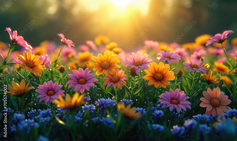 Beautiful summer natural background with colorfull flowers daisies, clovers and dandelions in grass against of dawn morning.