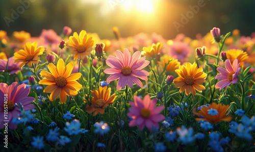 Beautiful summer natural background with colorfull flowers daisies  clovers and dandelions in grass against of dawn morning.