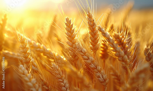 Wheat field. Ears of golden wheat close up. Beautiful Nature Sunset Landscape. Rural Scenery under Shining Sunlight. Background of ripening ears of meadow wheat field.