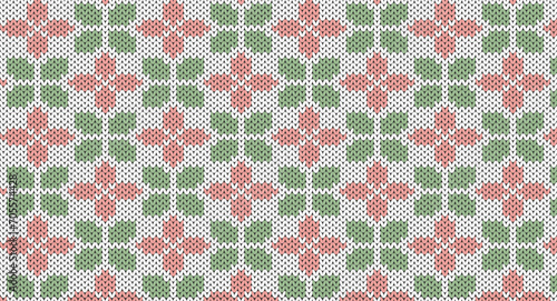 Pink and green flower on white knitted pattern, Festive Sweater Design. Seamless Knitted Pattern